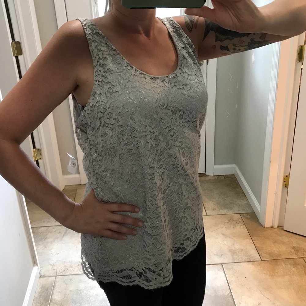 Ann Taylor LOFT Grey/Silver Lace Floral Tank